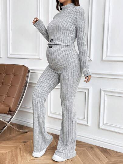 SHEIN Mock Neck Crop Long Sleeve Top & Flare Leg Pants 2 Pieces Set, Women's Fashion Outfit, For Maternity