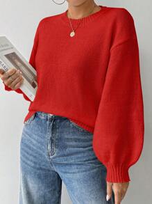 Chiquease Loose Round-Neck Lantern Sleeveharmony Drop Shoulderknitted Sweater For New Year Clothes,Long Sleeve Tops