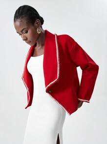 Chiquease Women's Fashion Elegant Contrast Color Ruffle Hem Short Overcoat Fall Cloth For Women - Red - View 3