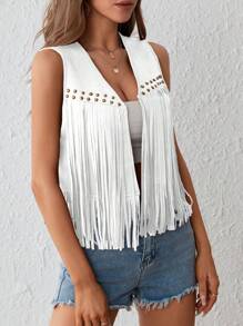 SHEIN VCAY Áo khoác mùa hè hở trước tua rua - trắng - Xem 4