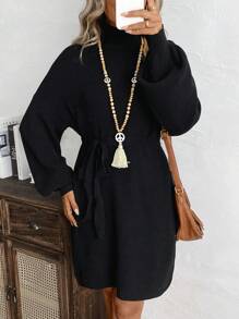 EMERY ROSE Vestido de suéter con cuello alto, cinturón en la cintura y unicolor, informal, para otoño/invierno