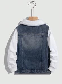 SHEIN 青少年男孩时尚休闲复古蓝色牛仔撞色天鹅绒领口设计，内衬增加保暖性，无袖夹克/外套，适合男孩日常服装，男孩酷装/男孩感恩节服装和秋冬童装