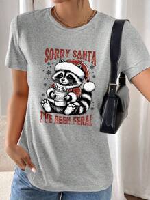 INAWLY Christmas Gift Raccoon Graphic Printed Casual Round Neck Short Sleeve T-Shirt For Women Graphic Tees Women Tops