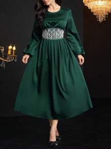 Modelyn 优雅水晶装饰收腰灯笼袖连衣裙，秋季长款晚礼服