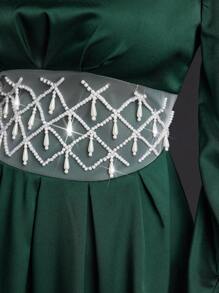 Modelyn 优雅水晶装饰收腰灯笼袖连衣裙，秋季长款晚礼服