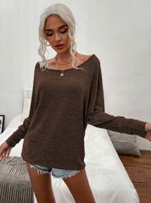 SHEIN LUNE 休闲纯色蝙蝠袖圆领 T 恤，秋季 - 棕色 - 查看 3