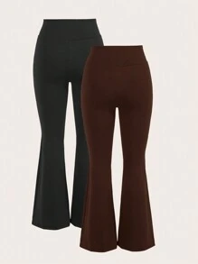 SHEIN EZwear 女士休闲纯色 V 形腰针织喇叭紧身裤 - 棕色 - 查看 2