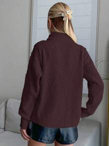 EURMUSE Women Solid Color Diamond Pattern Turtleneck Pullover - Coklat - View 4