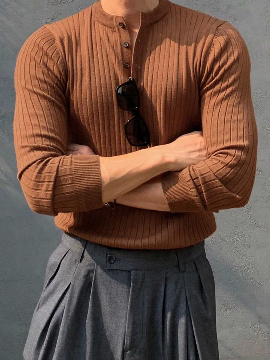 DAZY 1pc Men's Solid Coffee Brown Ribbed Knitted Half-Placket Sweater, Autumn - Brown - View 1