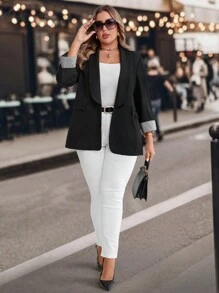 SHEIN Clasi 大码女式条纹拼接翻领休闲西装外套，秋季 - 黑色 - 查看 6