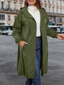 SHEIN Clasi Plus Size Casual Solid Color Loose Fit Front Button Hooded Trench Coat, Autumn