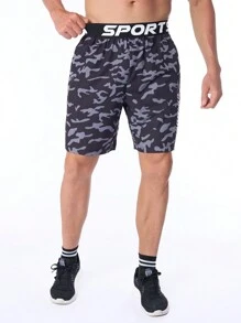 Manfinity Running Boyfriend-Stil Herren Shorts mit Buchstaben-Muster und Taschen, Camouflage, Lässig, Sport - Schwarz - Übersicht 7