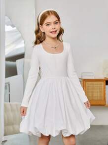 SHEIN Tween Girls Fashionable Solid White Color Ballet Style Round Neck Long Sleeve Mini Puffy Dress, Suitable For Christmas Party, School Event, Fall Winter Dress - White - View 7