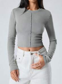LYSMO Women's Solid Color Crew Neck Long Sleeve Casual Slim Fit T-Shirt - Grey - View 4