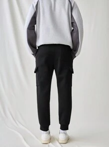Manfinity VCAY Men's Knitted Fashion Casual Loose Solid Color Multi-Pockets Elastic Waist Long Pants - Black - View 4
