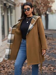 SHEIN LUNE Plus Size Hooded Patchwork Drawstring Casual Woolen Overcoat Fall Cloth For Women - Multicolor - View 4