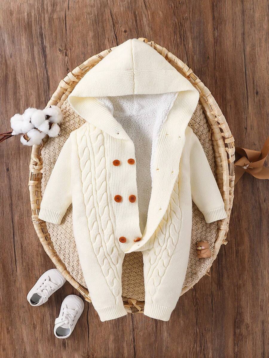 Baby Boys Solid Color Thermal Lined With Double Breasted Button, Warm Cute Essential Jumpsuit For Infant/Toddler, Suitable For Daily, Outings, Travel, Exclusive, Home, Daycare, And School Scenes, Spring/Autumn/Winter - Beige - View 1