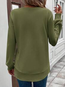 SHEIN LUNE Waffle Textured Round Neck Asymmetrical Hem Basic Women Casual Sweatshirt, Comfortable,Long Sleeve Tops Graduation,Back To School Outfits,Graduation,Teacher Outfits For Women,Back To School In Fall/Winter - Army Green - View 2