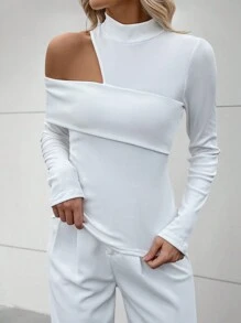 SHEIN Clasi Women's Solid Ribbed Knit Stand Collar Hollow Out Long Sleeve T-Shirt - White - View 4