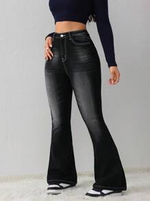 SHEIN Tall Pantalones vaqueros ajustados y acampanados con estiramiento para mujer, pantalones pitillo negros de talle alto, leggings de invierno para mujer, pantalones largos para mujeres altas, pantalones acampanados para mujer, pantalones vaqueros para mujer, vaqueros negros, leggings acampanados, ropa de invierno para mujer