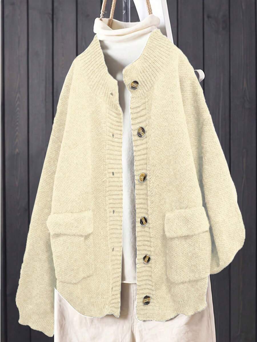 SHEIN LUNE 复古风格宽松纯色纽扣长袖针织开衫，秋冬款 - 米色 - 查看 1