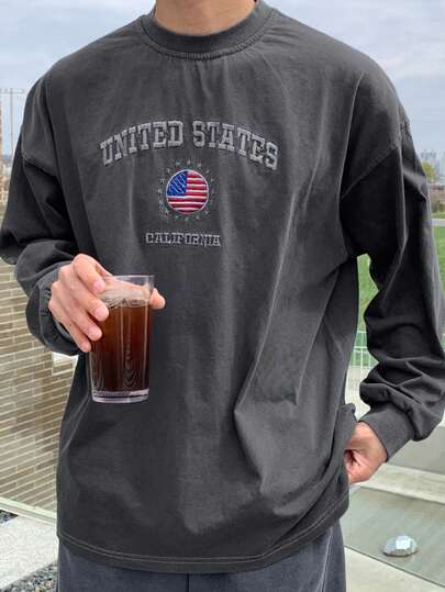 DAZY Men's Letter Pattern Crew Neck Casual Long Sleeve T-Shirt, Autumn,Graphic Tees, Fall