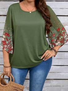 EMERY ROSE Damen Große Größen Bluse mit Blume Muster und 3/4 Ärmeln, lässig und locker für den Herbst