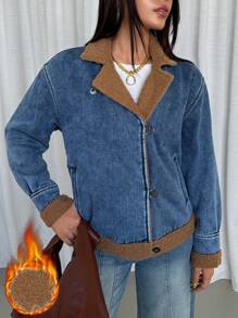 SHEIN Essnce 女士纯色前扣口袋休闲长袖牛仔夹克保暖加厚牛仔布 - 藍色 - 查看 6