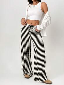SHEIN PETITE Calça Casual Feminina Listrada com Amarração na Frente