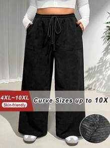 SHEIN CURVE+ Quần dài thường ngày màu đen vải nhung kẻ có họa tiết co giãn cạp chun cỡ lớn mùa thu - màu đen - Xem 1