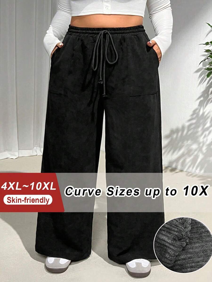 SHEIN CURVE+ Quần dài thường ngày màu đen vải nhung kẻ có họa tiết co giãn cạp chun cỡ lớn mùa thu - màu đen - Xem 1