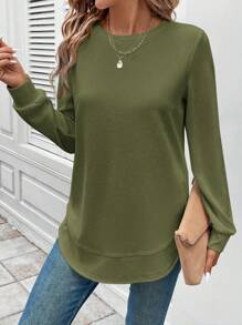 SHEIN LUNE Waffle Textured Round Neck Asymmetrical Hem Basic Women Casual Sweatshirt, Comfortable,Long Sleeve Tops Graduation,Back To School Outfits,Graduation,Teacher Outfits For Women,Back To School In Fall/Winter - Army Green - View 3