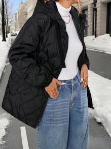 SHEIN LUNE Hooded Loose Midi Length Parka With Quilted Pumpkin Plaid Pattern For Women Winter Outfit Keep Warm Winter Coat Down& Feathers - Black - View 7