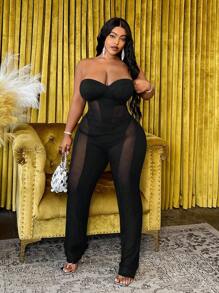 Slaydiva 女士性感网眼撞色露肩露背连体裤，纯黑色，适合派对