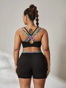 Gameset SHEIN Sport Bộ đồ thể thao cỡ lớn: Quần lót thoải mái có dây thun phổ biến, quần đùi thể thao - màu đen - Xem 6