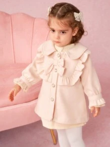 SHEIN Baby Girls' Stand Collar Bowknot Decor Long Woolen Coat For Formal Occasions In Fall And Winter - Apricot - View 9