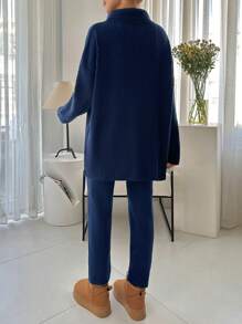 EURMUSE Set 2 buc. Pulover cu mâneci lungi cu guler roscat si pantaloni, tinuta casual - Albastru marin - Vizualizare 3