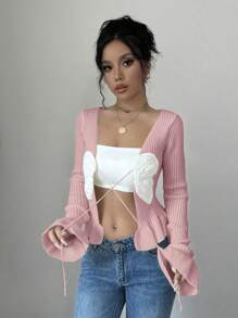 SHEIN Unity Cárdigan de manga larga con volante y abertura delantera con nudo, en colores contrastados, para otoño e invierno - Rosa - Ver 5