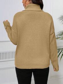 SHEIN LUNE 大码女式秋冬豹纹高领落肩长袖套头毛衣针织衫 - 彩色 - 查看 2