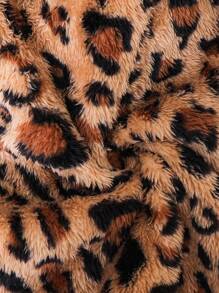 Young Girl Woven Leopard Print Hooded Plush Fitted Waist Jacket,In Fall/Winter - Black - View 6