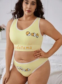 Gudetama X SHEIN 大码女式黄色可爱印花舒适胸罩和内裤套装