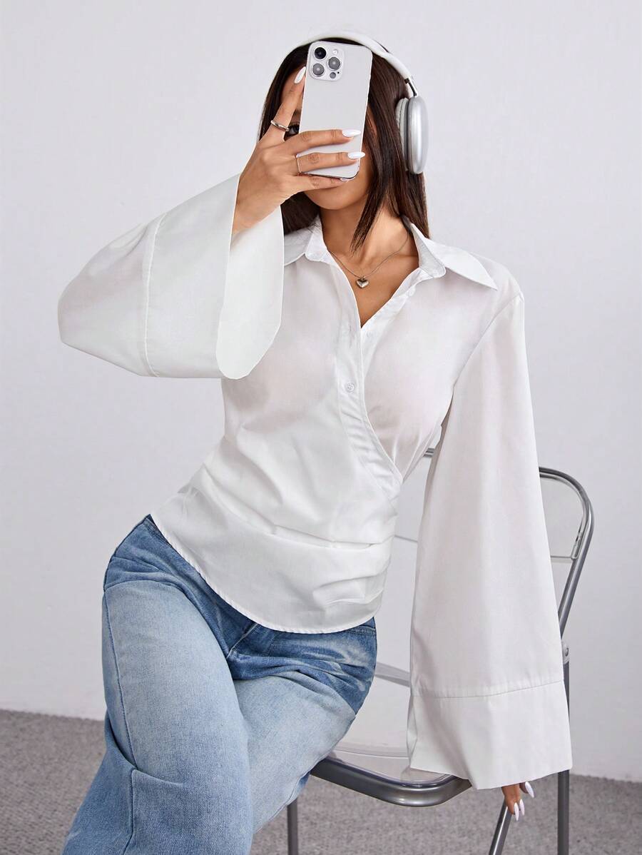 SHEIN EZwear Casual Solid Color Woven Turndown Collar Long Sleeve Fitted Women Shirt - White - View 1