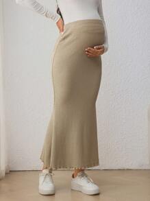SHEIN Maternity Solid Color Mermaid Hem Casual Versatile Skirt - Khaki - View 5