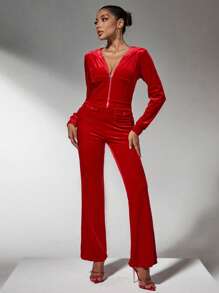 SHEIN SXY Winter Clothes Red Velvet Christmas Hoodies Pocket Pants Two-Piece Set - Red - View 6