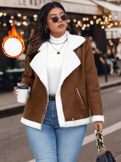 Calvaya Plus Size Women Autumn/Winter Contrast Color Lapel Zipper Front Thermal Lined Motorcycle Jacket Fall Cloth For Women