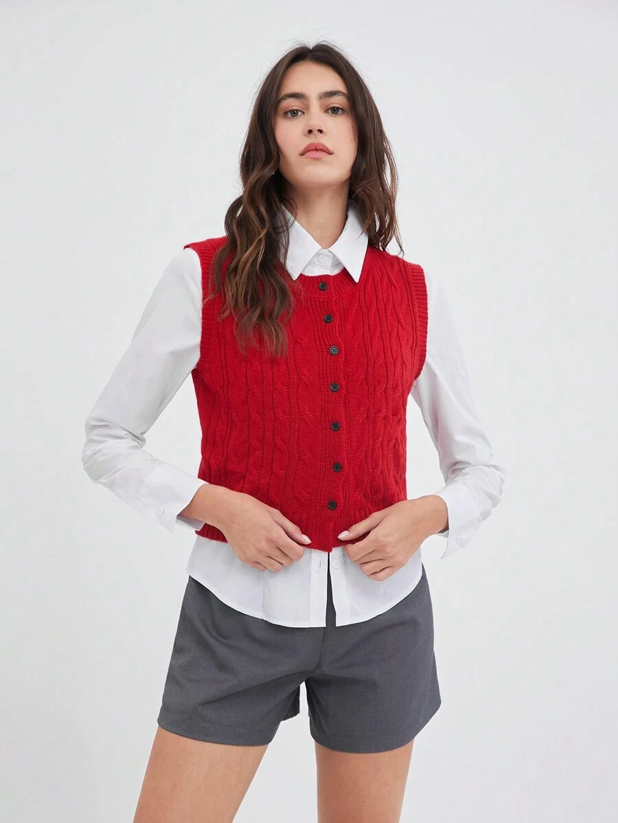 SHEIN EZwear Red Button Front Round Neck Sweater Vest - Grey - View 1