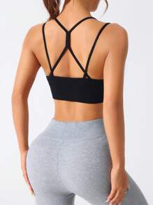 SHEIN Sports Regata Esportiva Cropped Preta Sem Costura Simples - Preto - Visão 7