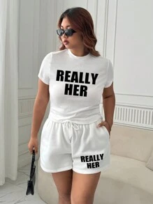 INAWLY Plus Size Ronde Hals Korte Mouw Letter Print Eenvoudige Blouse En Shorts 2-delige Set