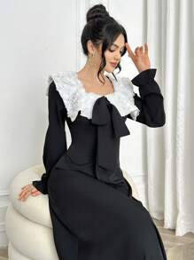 Modelyn 1 pieza Vestido elegante de mujer con patrón floral 3D, cuello empalmado, cintura larga y volante en el bajo, vestido largo de noche