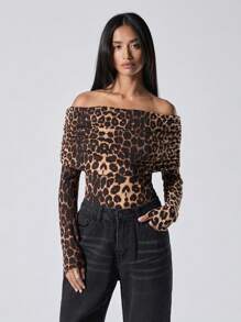 SHEIN EZwear Leopard Print Long Sleeve Folding Shoulder T-Shirt, Casual Daily Wear